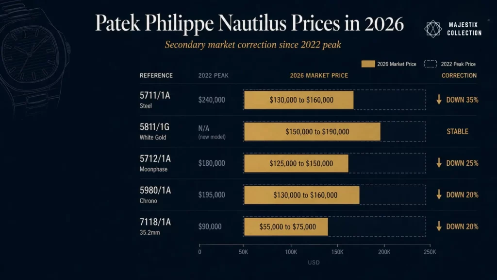 Patek Philippe Nautilus 2026 secondary market pricing comparison infographic