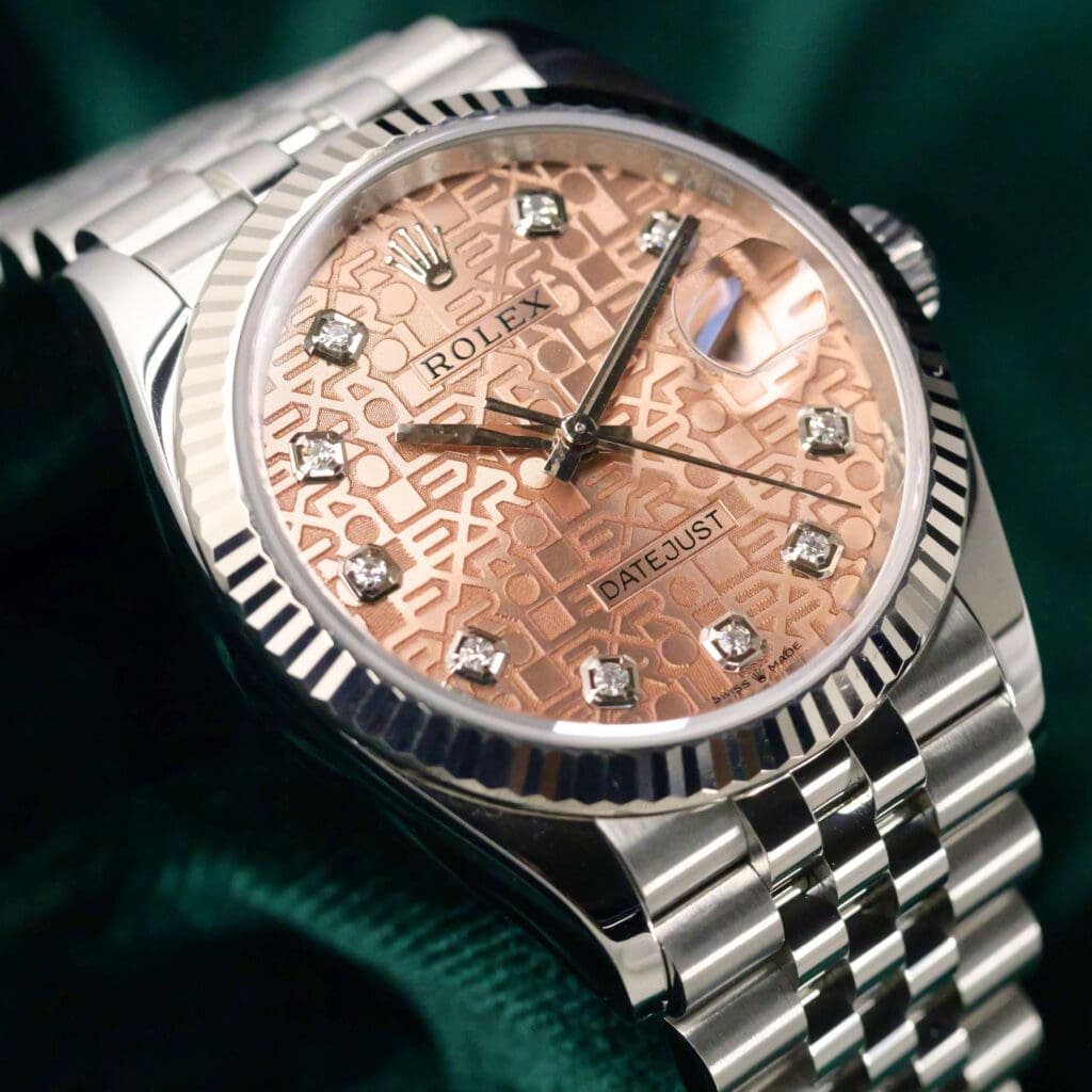 Rolex Datejust Anniversary Pink Dial Diamond Markers 18k White Gold Fluted Bezel Jubilee Bracelet Stainless Steel 36mm MINT CONDITION COMPLETE SET 126234