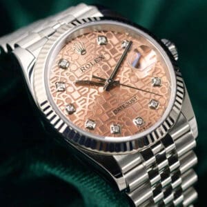 Rolex Datejust Anniversary Pink Dial Diamond Markers 18k White Gold Fluted Bezel Jubilee Bracelet Stainless Steel 36mm MINT CONDITION COMPLETE SET 126234