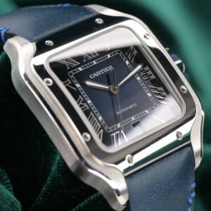 Cartier Santos Large Blue Dial Blue Calfskin Leather Strap Stainless Steel 39.8mm MINT CONDITION COMPLETE SET WSSA0030