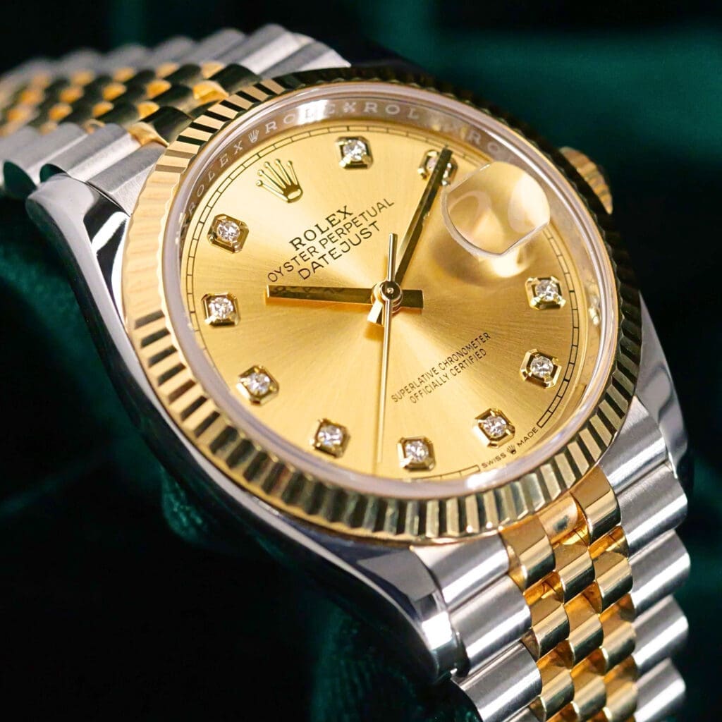 Rolex Datejust Champagne Dial Diamond Markers Fluted Bezel Jubilee Bracelet Two-Tone 18K Yellow Gold Stainless Steel 36mm MINT CONDITION COMPLETE SET 126233