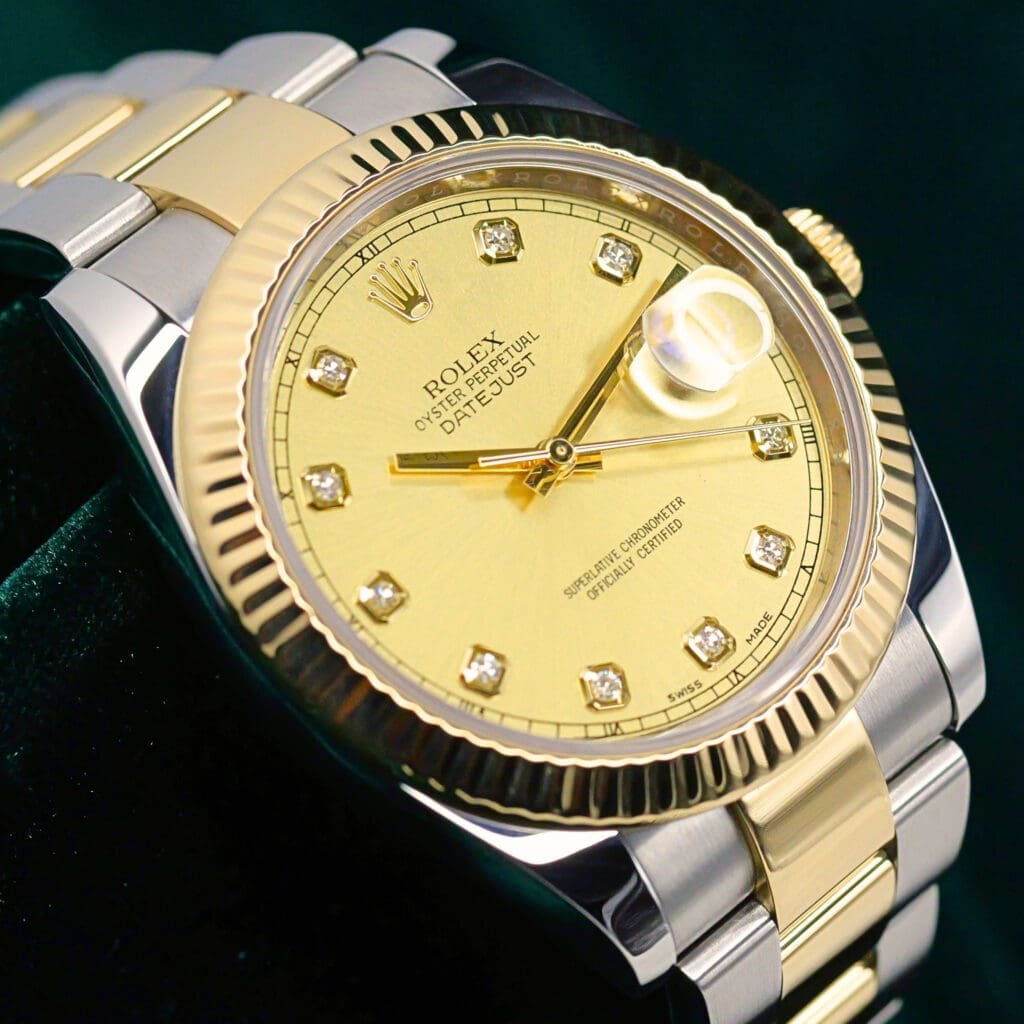 Rolex Datejust 41 Champagne Dial Diamond Markers Fluted Bezel Oyster Bracelet Two-Tone 18K Yellow Gold Stainless Steel MINT CONDITION COMPLETE SET 126333