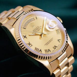 Rolex Day-Date 36 Champagne Gold Dial Roman Numeral Markers Fluted Bezel Presidential Bracelet 18K Yellow Gold NEAR MINT CONDITION 18038