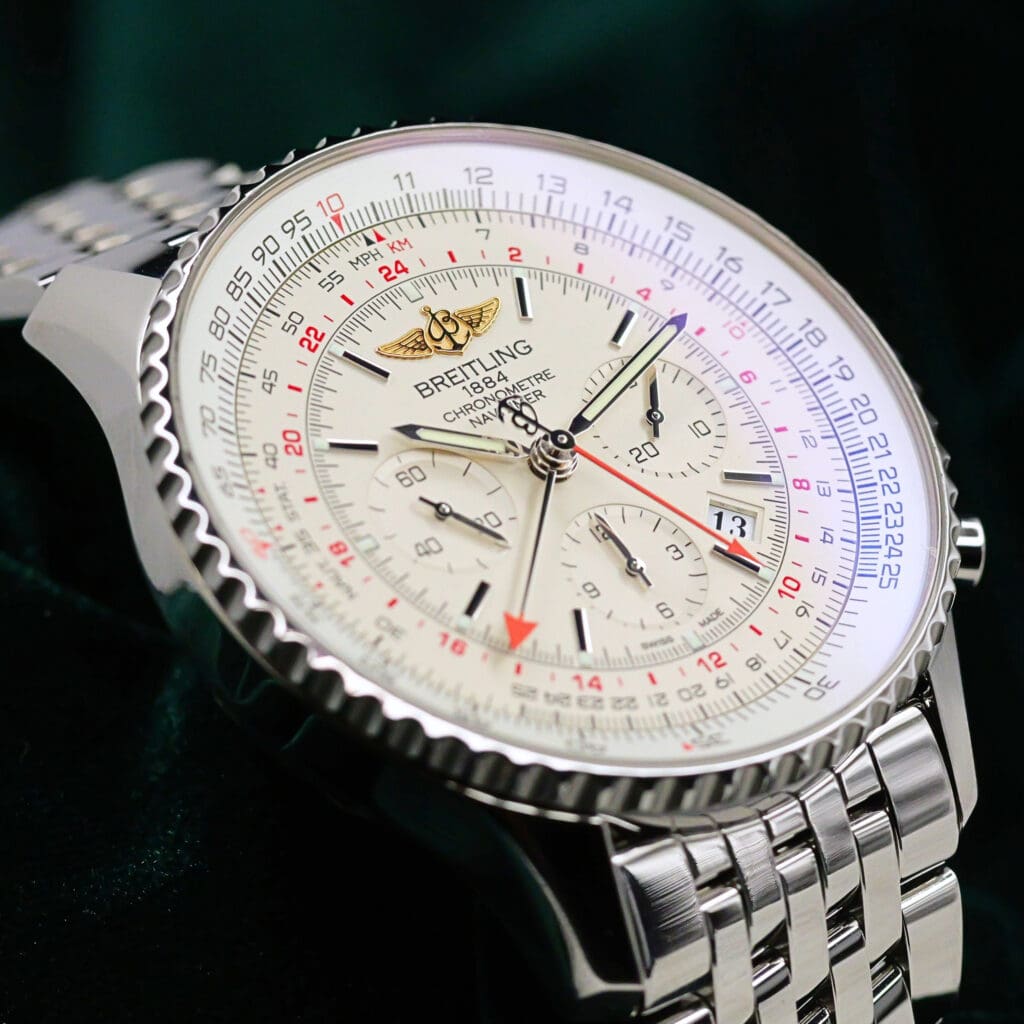 Breitling Navitimer GMT 48 Mercury Silver Dial Stainless Steel MINT CONDITION COMPLETE SET AB044121