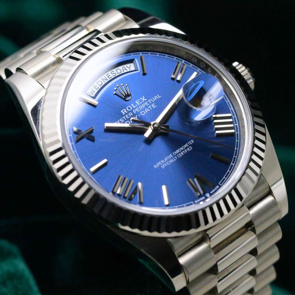2026 Rolex Day-Date Blue Roman Dial Fluted Bezel President Bracelet 18K White Gold 40mm MINT CONDITION COMPLETE SET 228239-0007