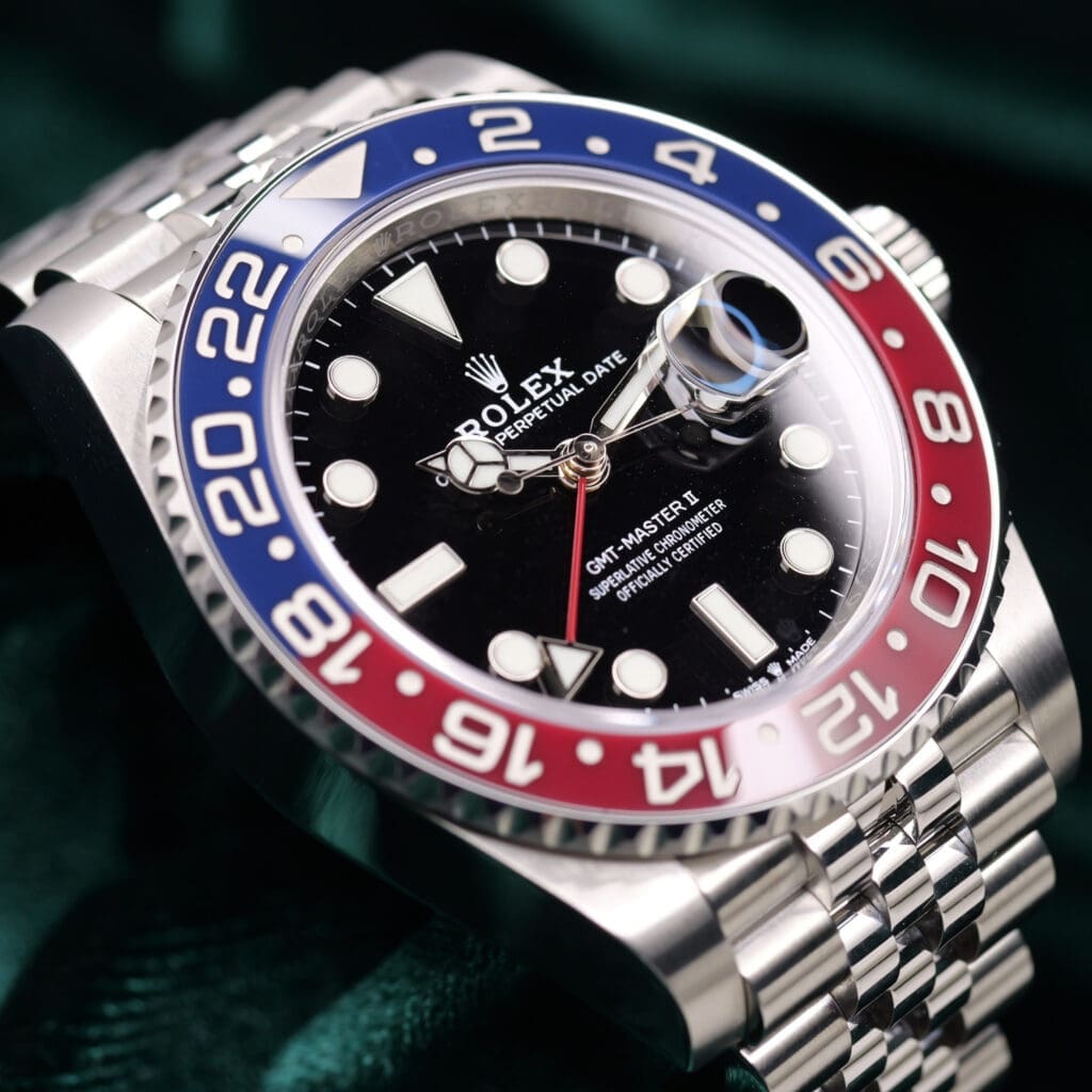 Rolex GMT-Master II Pepsi Black Dial Blue Red Ceramic Bezel Jubilee Bracelet Stainless Steel 40mm MINT CONDITION COMPLETE SET 126710BLRO