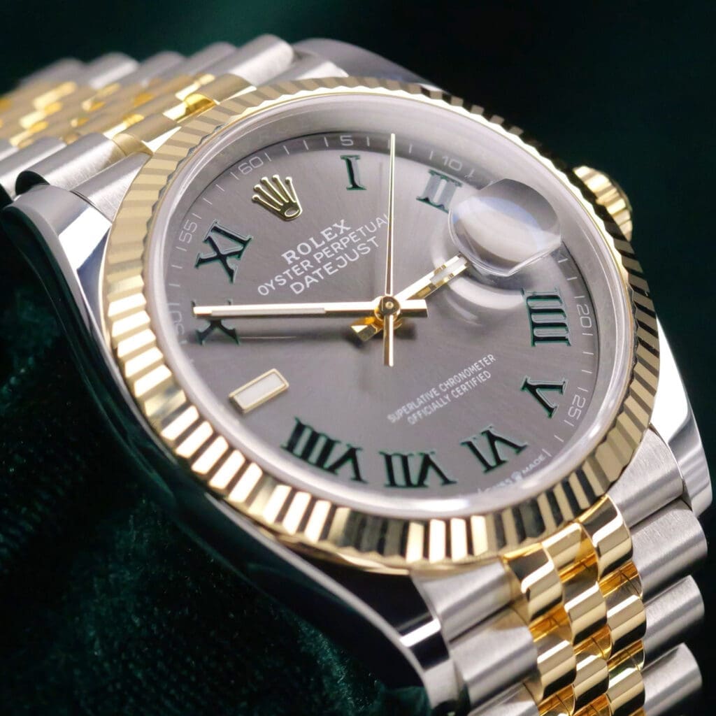 2025 NEW UNWORN Rolex Datejust 36 "Wimbledon" Slate Grey Dial Green Roman Markers Fluted Bezel Jubilee Bracelet Two-Tone 18k Yellow Gold Stainless Steel 36mm COMPLETE SET 126233-0035