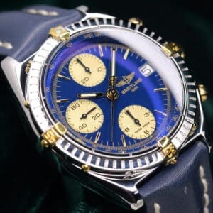 Breitling Chronomat Blue Dial Champagne Subdials Blue Leather Strap Two-Tone 18k Yellow Gold Stainless Steel 39mm MINT CONDITION B13050