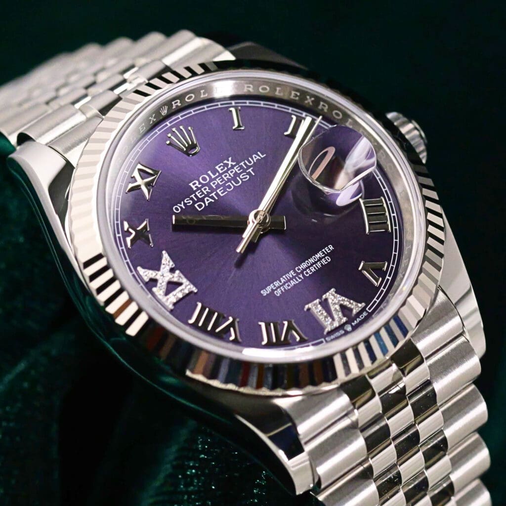 2026 NEW UNWORN Rolex Datejust Purple Dial Aubergine Diamond 6-9 Roman Numerals 18K White Gold Fluted Bezel Jubilee Bracelet Stainless Steel 36mm COMPLETE SET 126234-0021