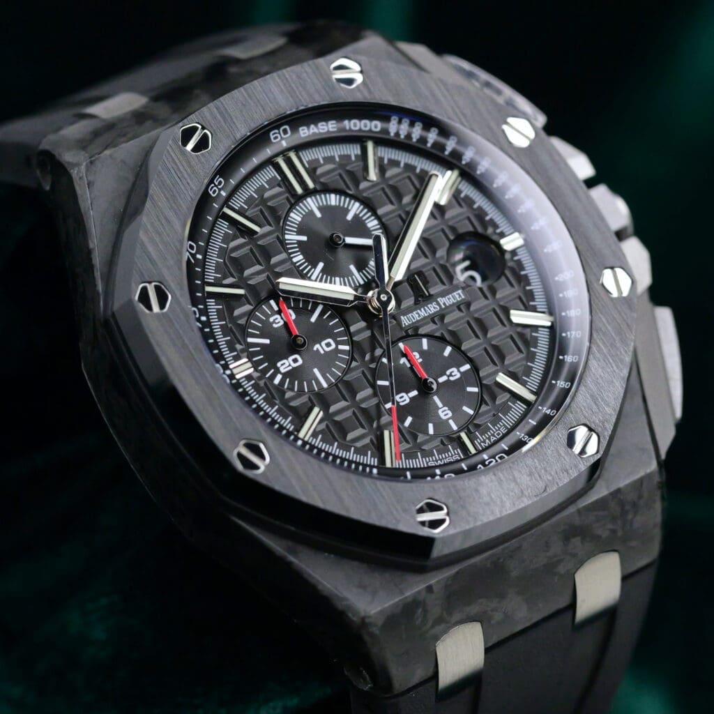 Audemars Piguet Royal Oak Offshore Chronograph Black Dial Black Ceramic Bezel Black Rubber Strap Forged Carbon 44mm MINT CONDITION COMPLETE SET 26400AU.OO.A002CA.01