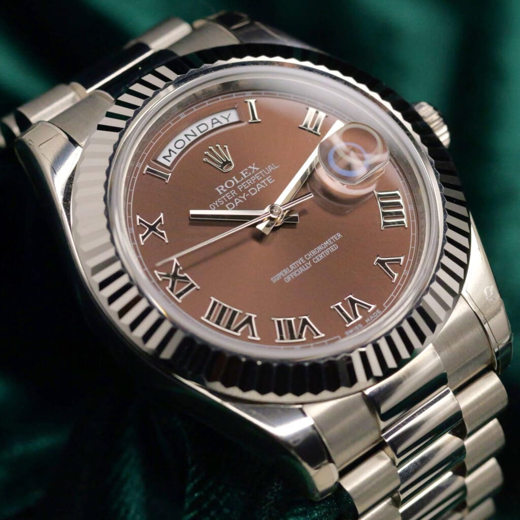Rolex Day-Date II Brown Chocolate Dial Roman Numerals Fluted Bezel President Bracelet 18K White Gold 41mm MINT CONDITION COMPLETE SET 218239