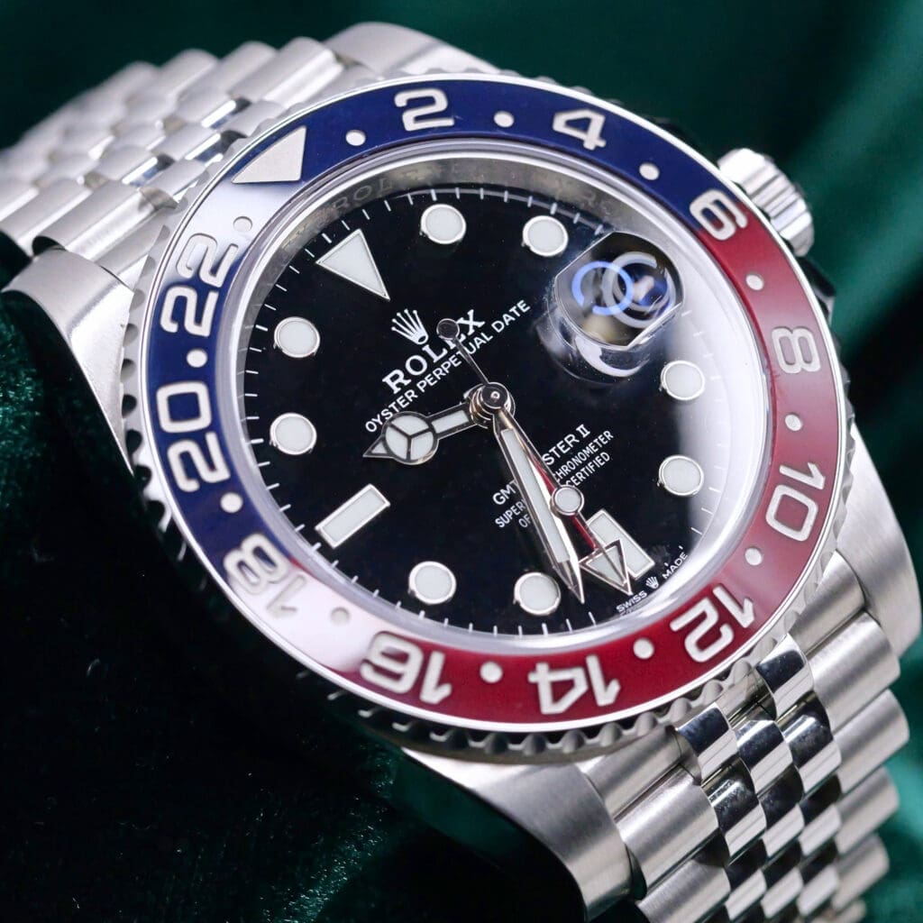 Rolex GMT-Master II Pepsi Black Dial Blue/Red Ceramic Bezel Jubilee Bracelet Stainless Steel 40mm MINT CONDITION COMPLETE SET 126710BLRO