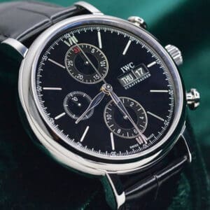 IWC Schaffhausen Portofino Chronograph Black Dial Stainless Steel Black Leather Strap 42mm MINT CONDITION COMPLETE SET IW391002