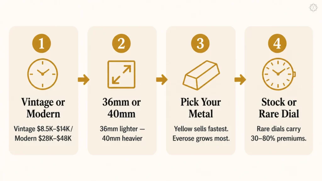 Four-step Rolex Day-Date buying guide covering era, size, metal, and dial choice