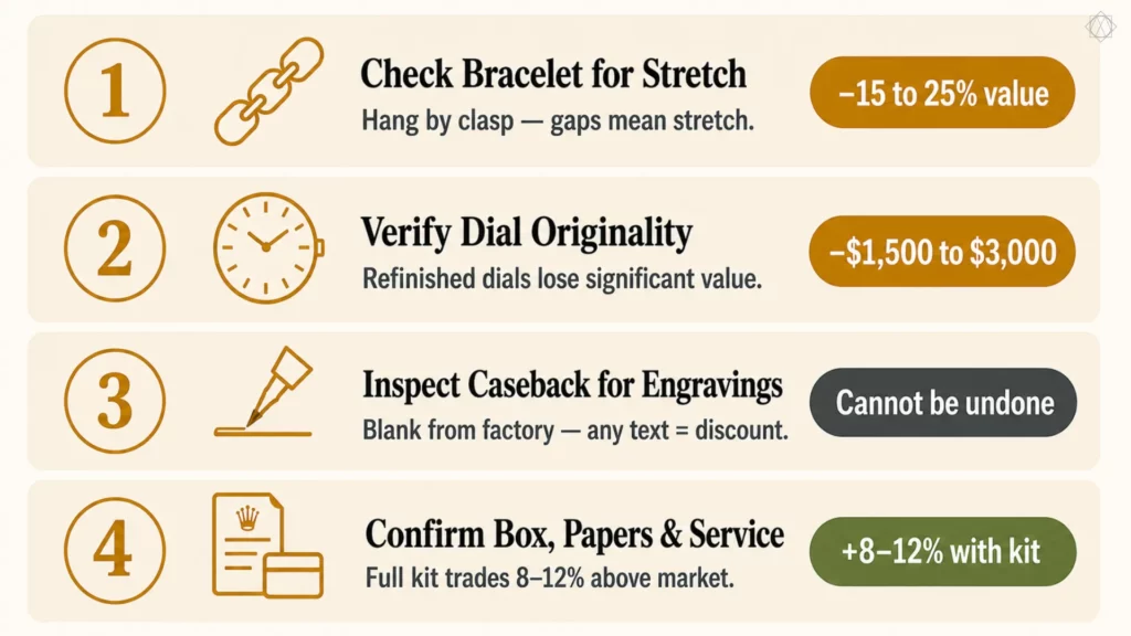 Checklist for inspecting a pre-owned Rolex Day-Date bracelet, dial, caseback, and papers