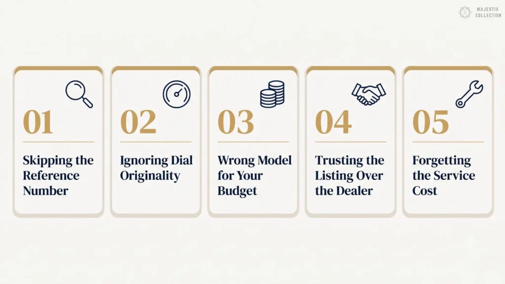 Five common vintage Rolex buying mistakes including skipping the reference number, ignoring dial originality, and forgetting service cost
