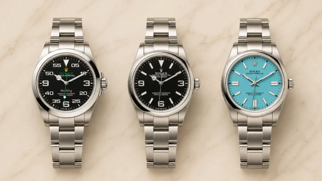 Rolex Air-King, Explorer, and Oyster Perpetual comparison showing aviation dial, sport design, and clean everyday alternatives