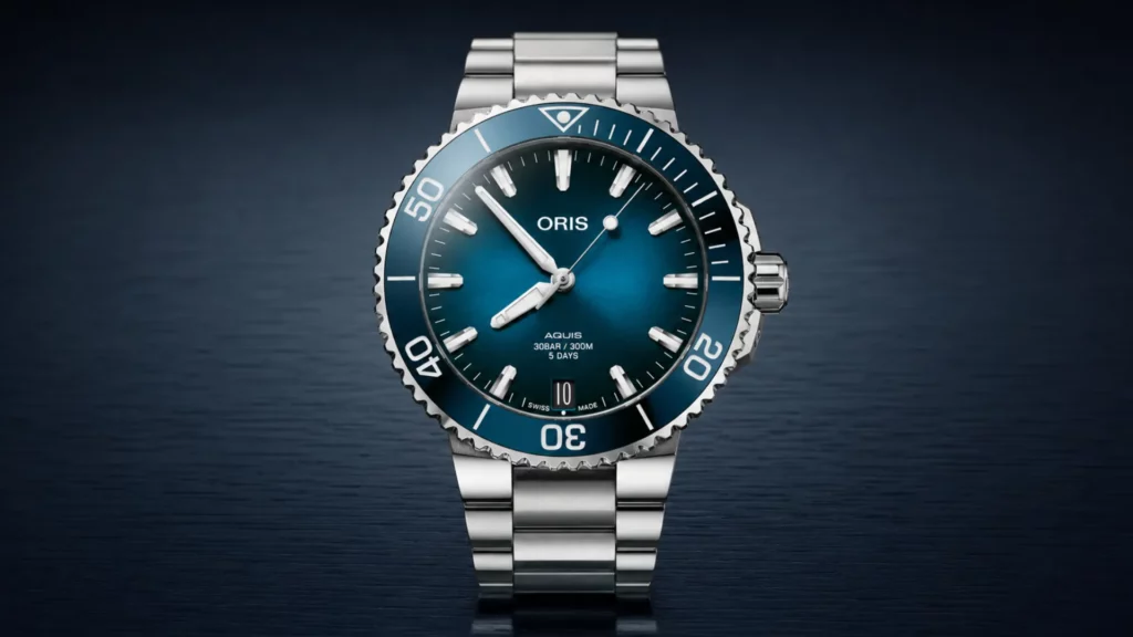 Oris Aquis Date blue dial watch on steel bracelet against dark blue background