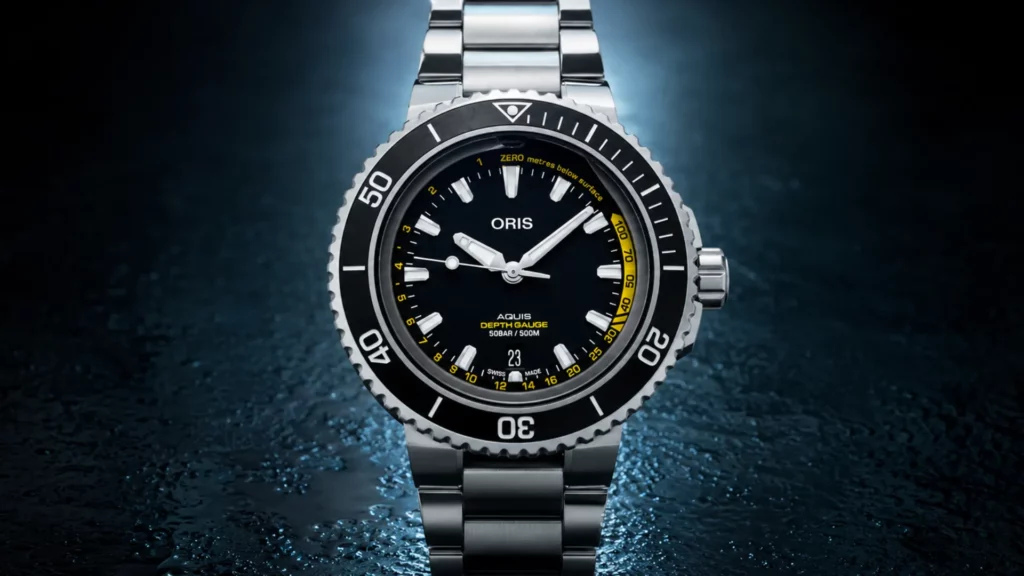 Oris Aquis Depth Gauge black dial watch with yellow depth scale