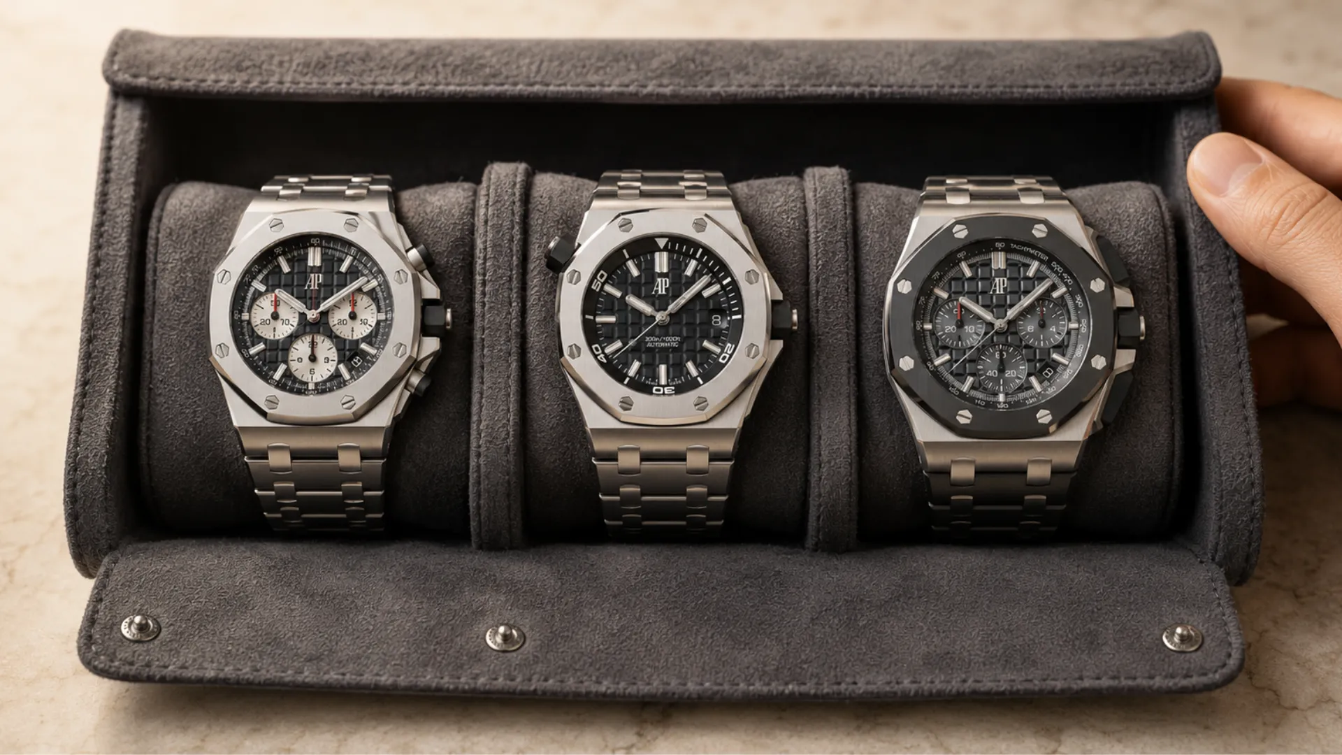 Three Audemars Piguet Royal Oak Offshore watches displayed in a grey travel roll