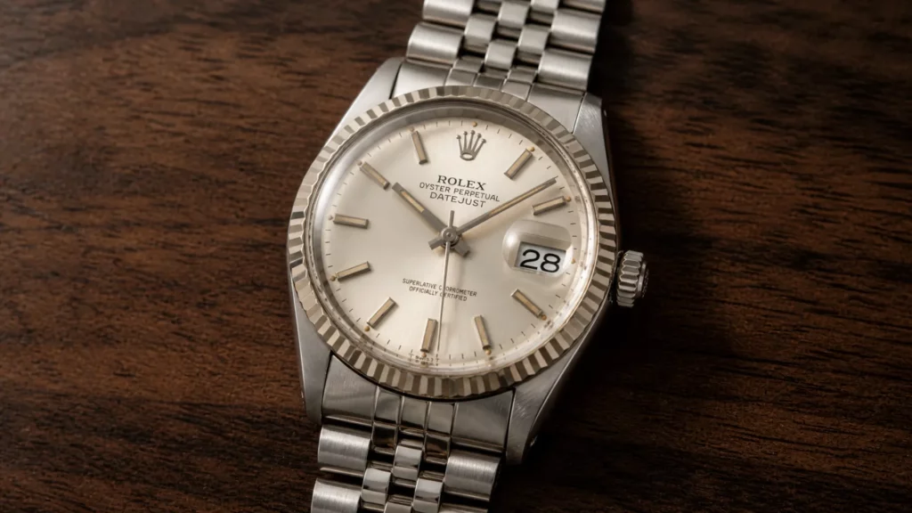 Vintage Rolex Datejust with silver dial and white gold fluted bezel on Jubilee bracelet on dark wood