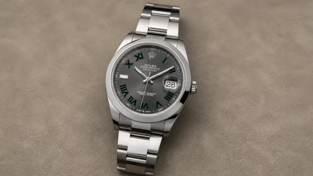 Rolex Datejust 41 Wimbledon dial with green Roman numerals and smooth bezel on Oyster bracelet