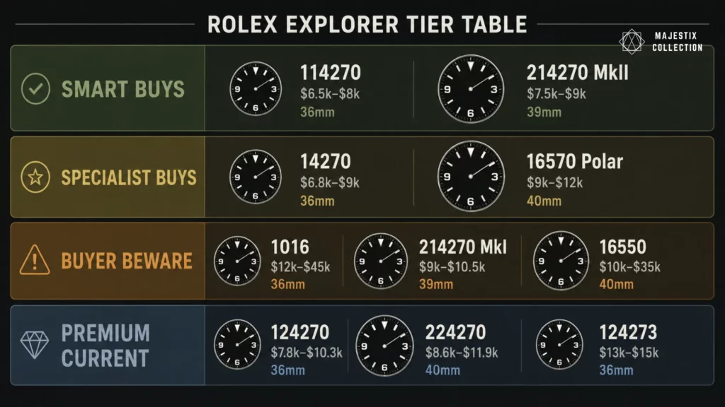 Rolex Explorer tier table showing references, sizes=