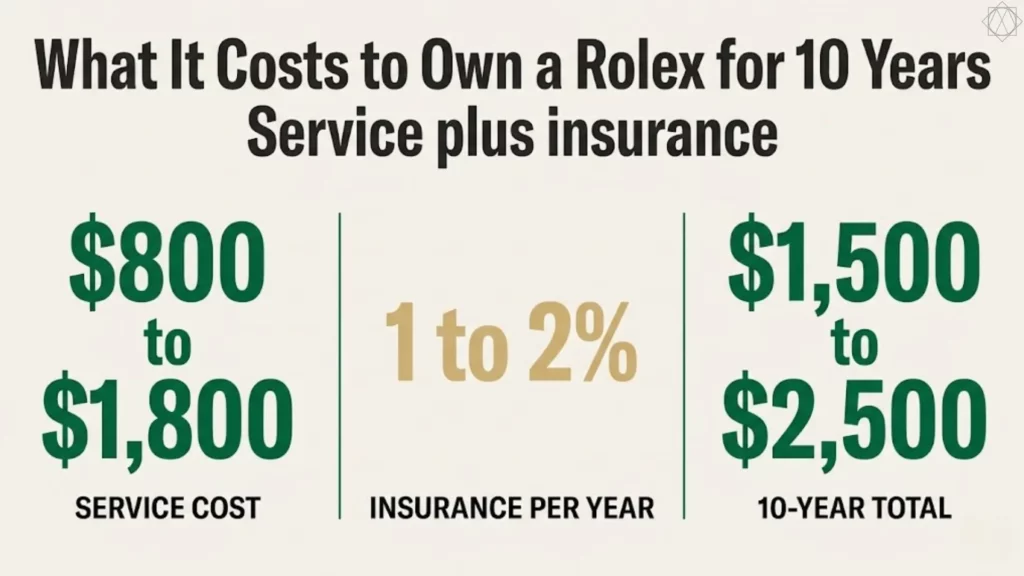 Rolex 10-year ownership cost breakdown: $800-$1,800 service plus 1-2% annual insurance totaling $1,500-$2,500