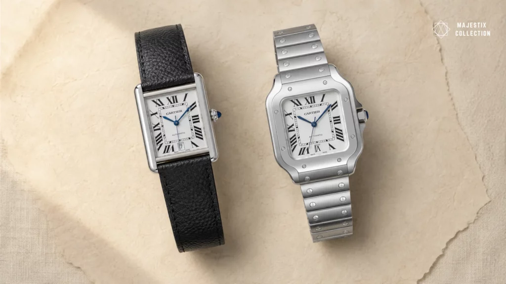 Cartier Tank Must on a slim wrist showing vertical case proportion — best dress watch for small wrists