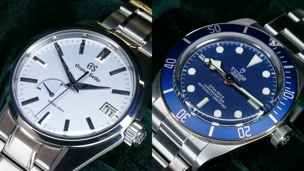 Grand Seiko and Tudor Black Bay case comparison showing dial and bezel details