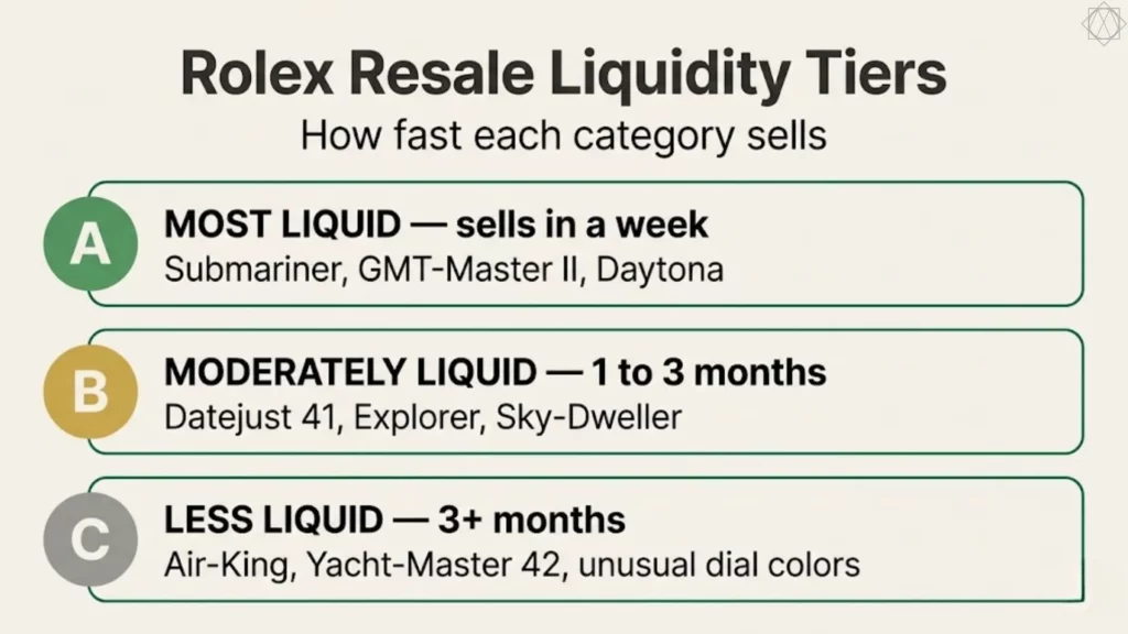 Rolex resale liquidity tiers chart with A most liquid Submariner GMT Daytona, B moderate, and C less liquid Air-King