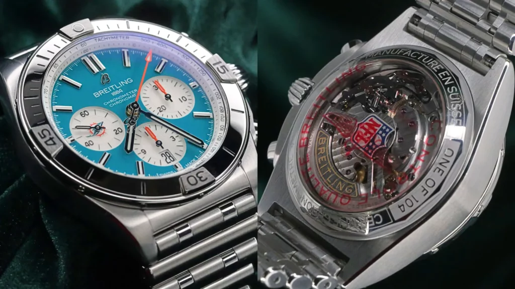 Breitling Chronomat B01 turquoise chronograph dial and display caseback close-up