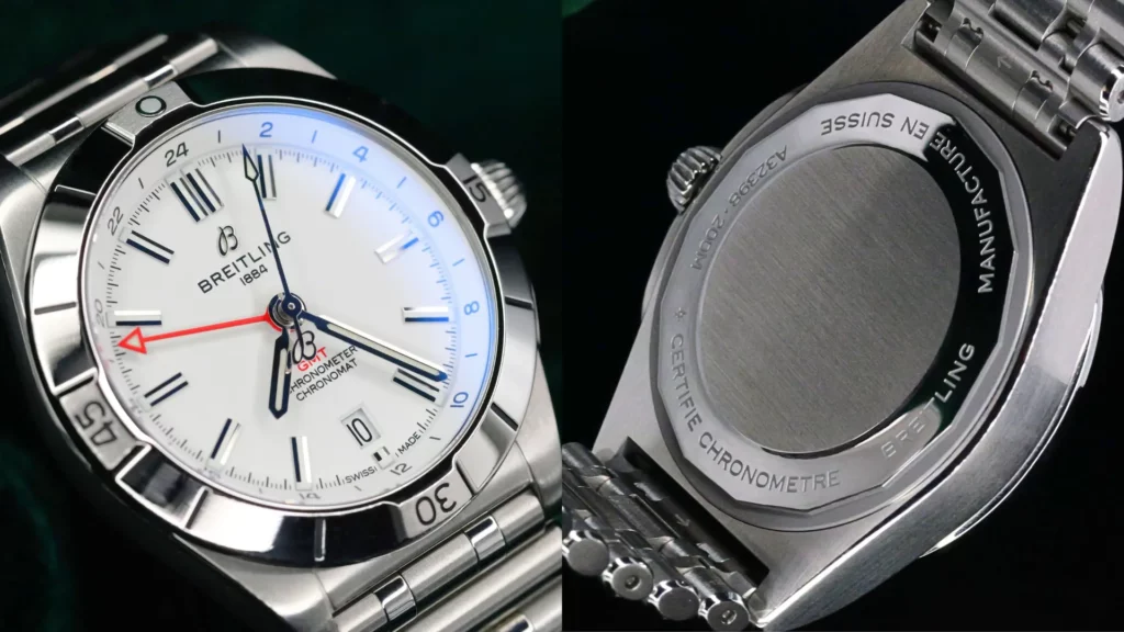 Breitling Chronomat GMT white dial and solid caseback close-up