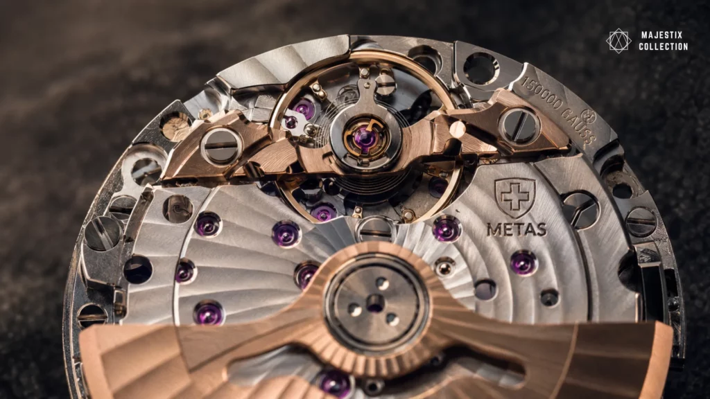 Close-up of an Omega Co-Axial Master Chronometer movement with METAS marking