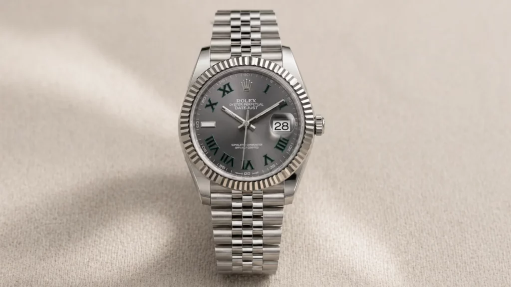 Rolex Datejust 41 ref 126334 with Wimbledon slate dial and green Roman numerals on Jubilee bracelet