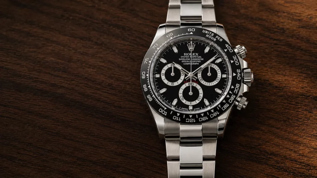 Rolex Daytona 116500LN with black dial and ceramic bezel on dark wood surface