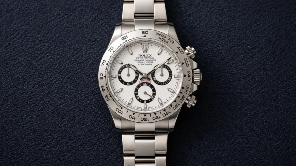 Rolex Daytona 116520 steel with white dial and engraved tachymeter bezel on navy textured background