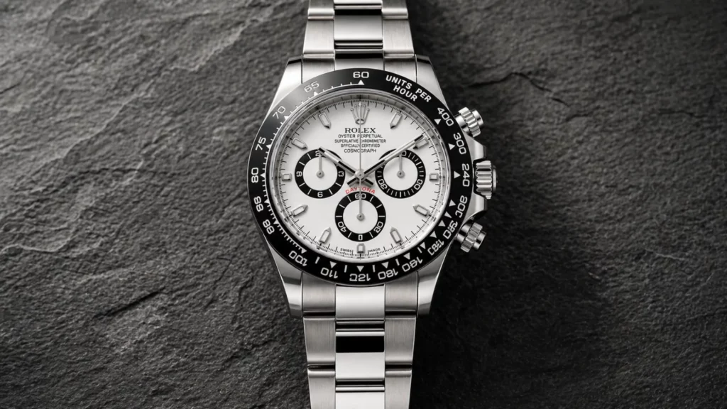 Rolex Daytona 126500LN with white panda dial and black ceramic bezel on slate stone surface