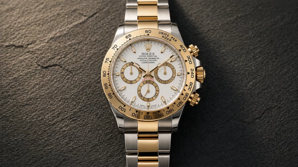 Rolex Daytona 126503 two-tone Rolesor with white dial and yellow gold bezel on dark surface