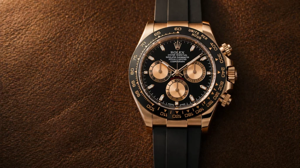 Rolex Daytona 126515LN Everose gold with black dial and rubber Oysterflex strap on brown leather