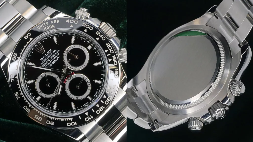 Rolex Daytona steel with black dial close-up next to brushed steel caseback on green velvet