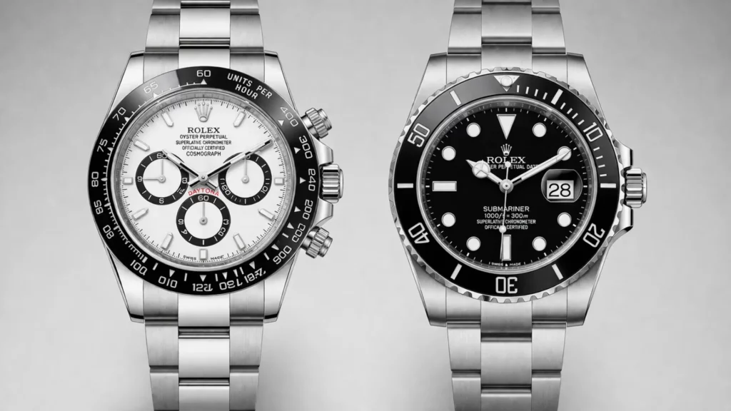 Rolex Daytona 116500LN white dial chronograph next to Submariner 116610LN black dial diver