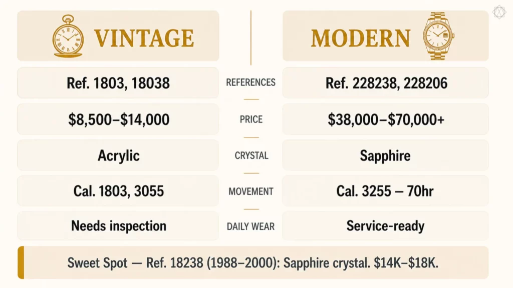 Vintage vs modern Rolex Day-Date comparison with references, prices, crystals, and movements