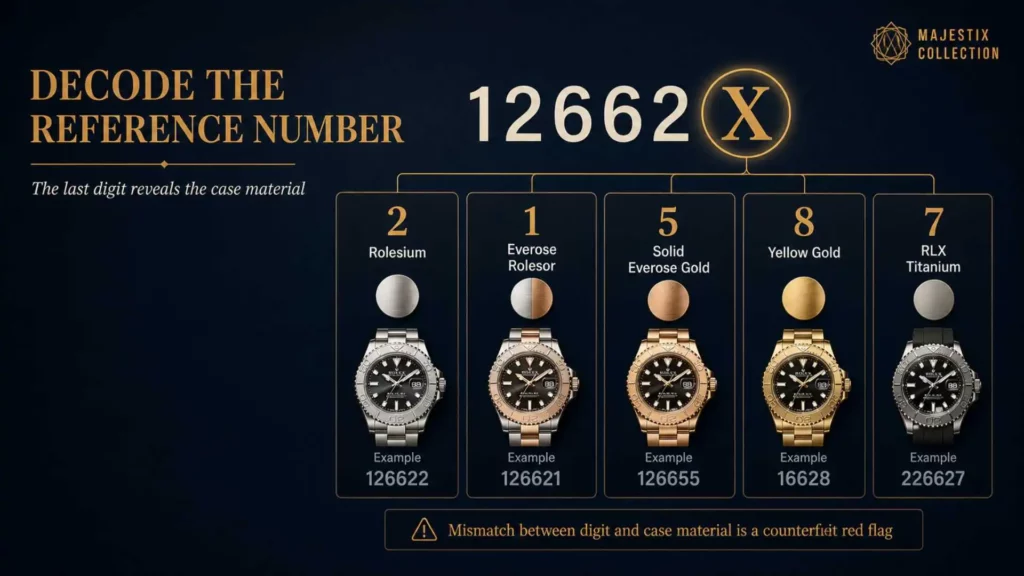 Visual decoder showing how Rolex Yacht-Master reference number final digit identifies case material