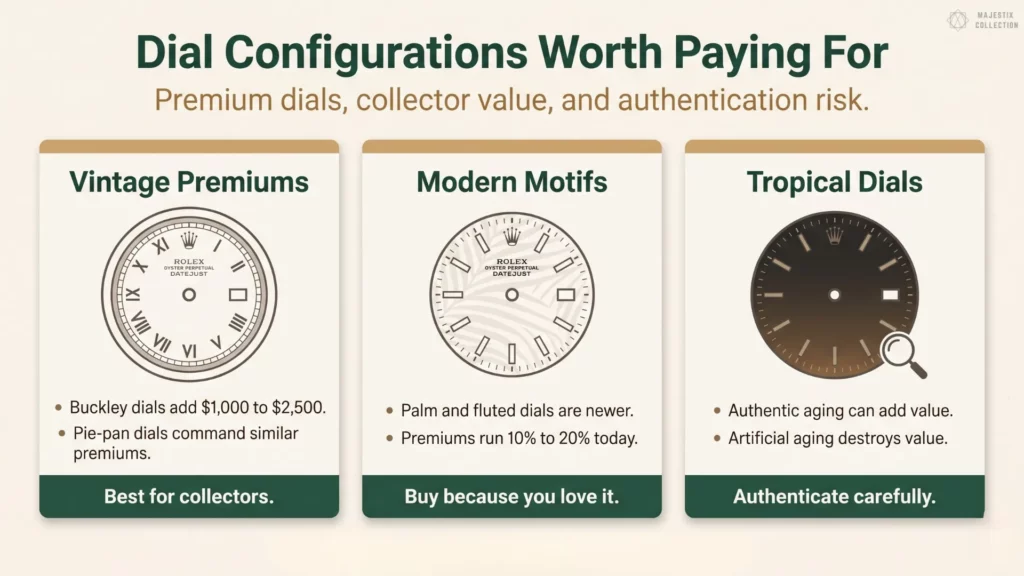 Datejust dial configurations chart comparing Vintage Premiums Buckley pie-pan, Modern Motifs palm fluted, and Tropical Dials