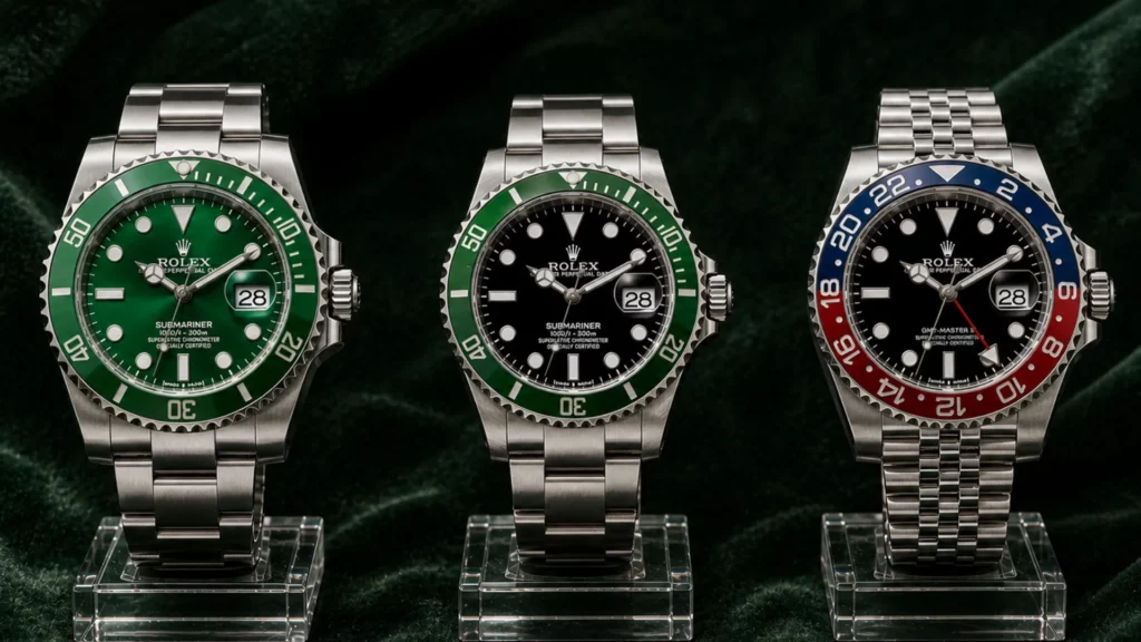 Three discontinued Rolex sport models: Hulk Submariner green dial, Kermit Submariner black dial, and Pepsi GMT-Master II
