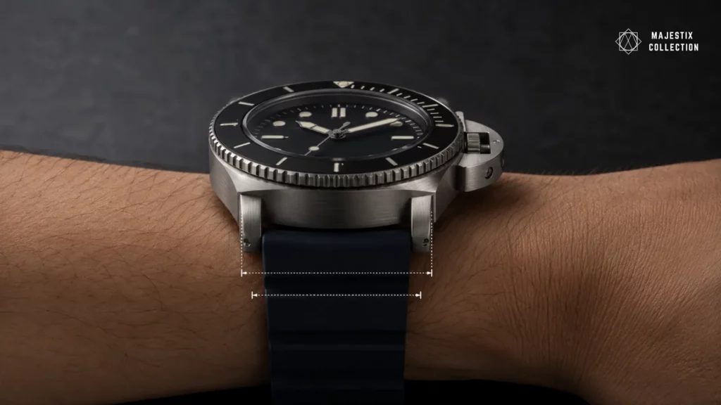 Chunky dive watch on a wrist with dotted measurement lines showing lug-to-lug and wrist width fit.