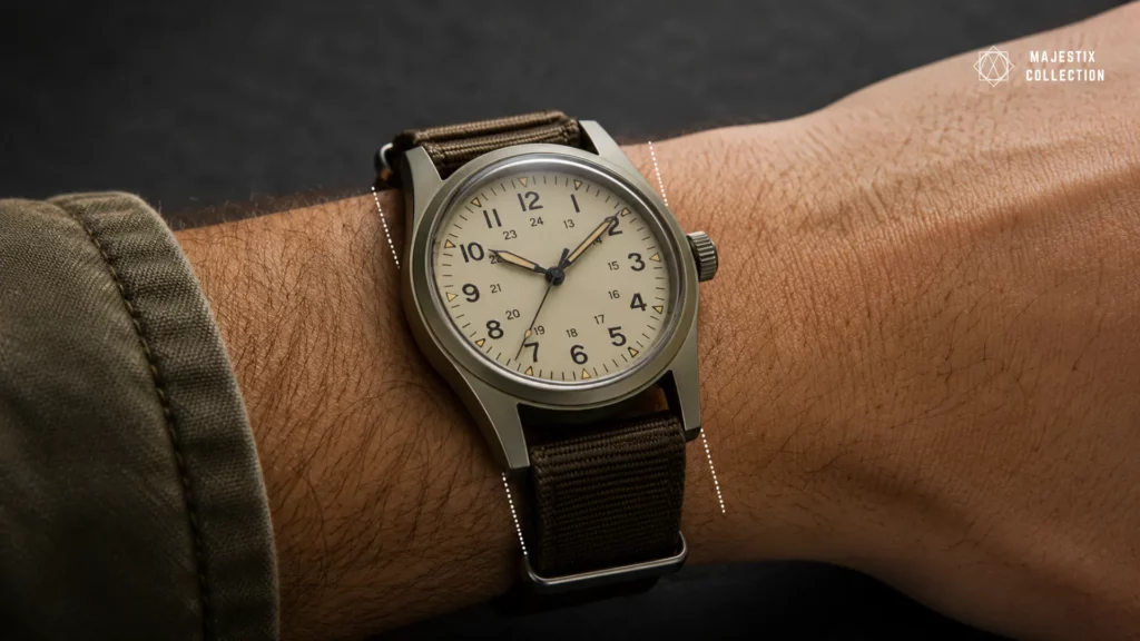 Field watch with cream dial and brown strap on a wrist, showing long lugs reaching near the wrist edges.