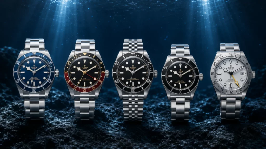 Five Tudor Black Bay references displayed underwater with blue and black dials