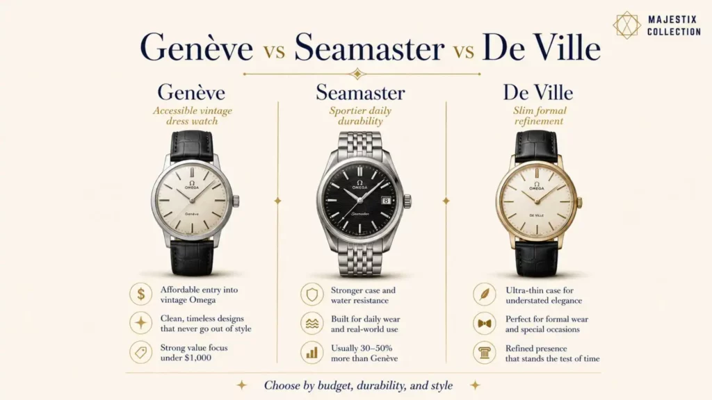 Omega Genève Seamaster and De Ville buyer comparison chart